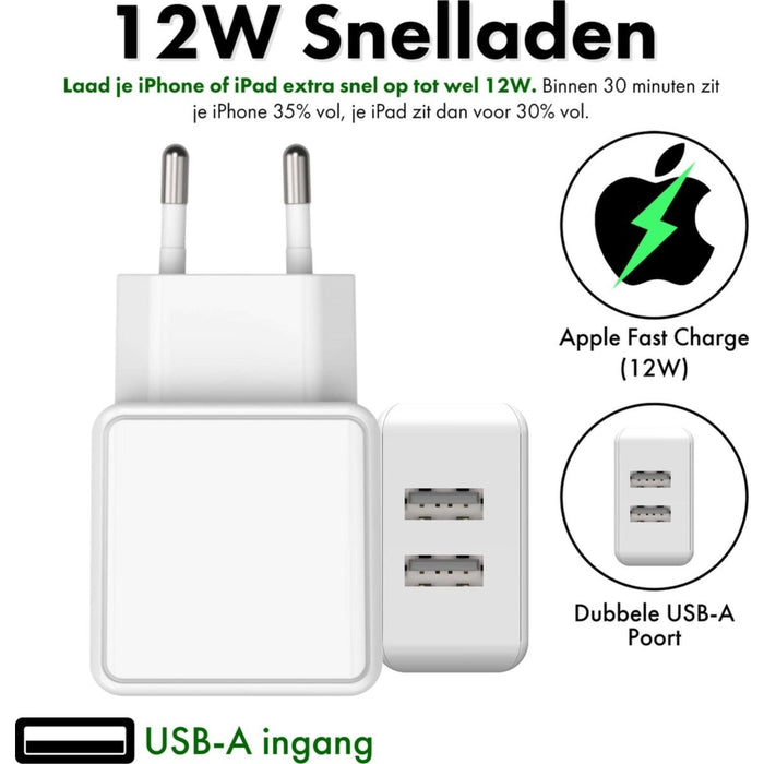 Adapter met 2 USB Poorten + USB naar Lightning Kabel - 1 Meter - Geschikt voor Apple - Oplader iPhone, iPad, Airpods, Apple Watch - 12W Snellader - Wit - Opladers - Phreeze