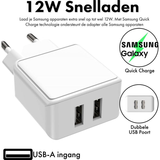Adapter Samsung met 2 USB Poorten + USB naar Type C Kabel - 2 Meter - Geschikt voor Samsung - Oplader Galaxy A-series, S-series, Tab-series - 12W Snellader - Wit - Opladers - Phreeze