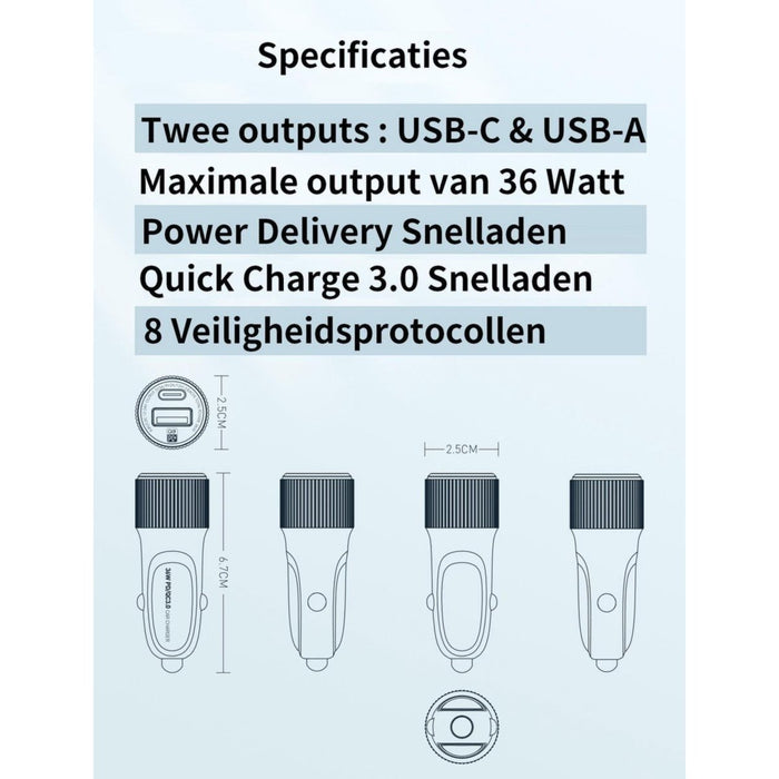Autolader USB-A & USB-C met USB-C Oplaadkabel - Snellader -Krulsnoer - Uitrekbaar- Auto Lader - Sigarettenaansteker Oplader - Geschikt voor Samsung Galaxy A10/A11/A12/A21s/A51/A52/A52s/Note20/Note20Ultra/Watch/S21/S21FE/S21 Ultra - Opladers - Phreeze