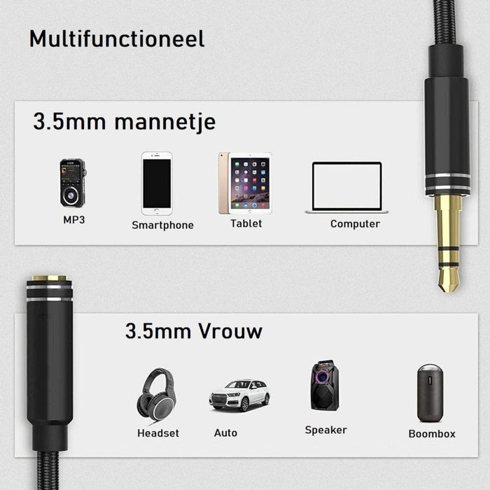 Aux Verlengkabel | Verlengkabel Audio Jack 1 Meter | Verlengsnoer Audio | 3.5 mm naar audio jack | Vergulde connectoren | - Audio & Video - Phreeze