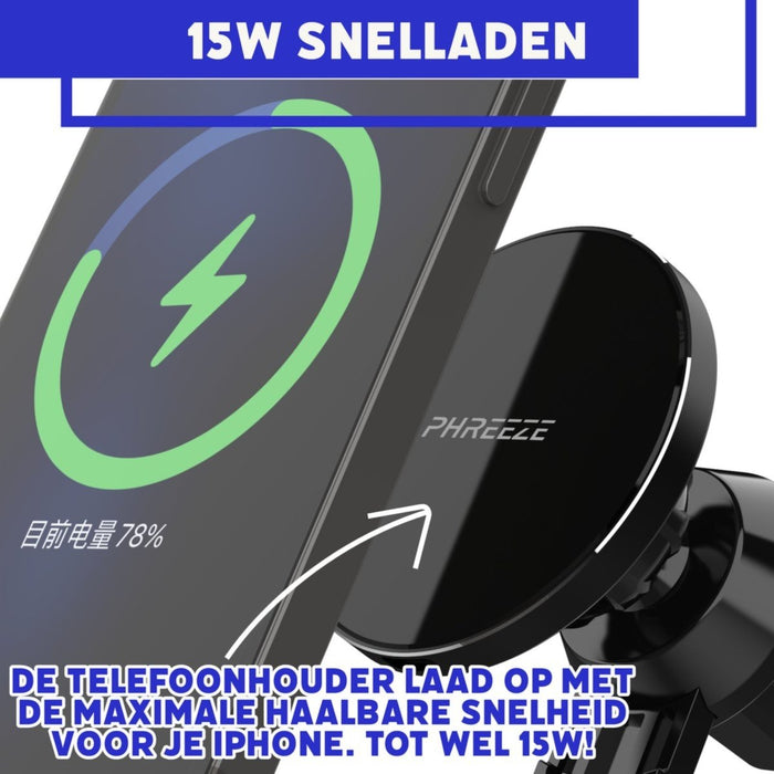 Draadloze Oplader Auto met 15W Snellaadfunctie en Magneet - Magnetische Telefoonhouder met Quick Charge - Geschikt voor Samsung Galaxy S7, S8, S9, S10, S20, S21, S22 (Ook Plus en Ultra versies) - Autohouders - Phreeze