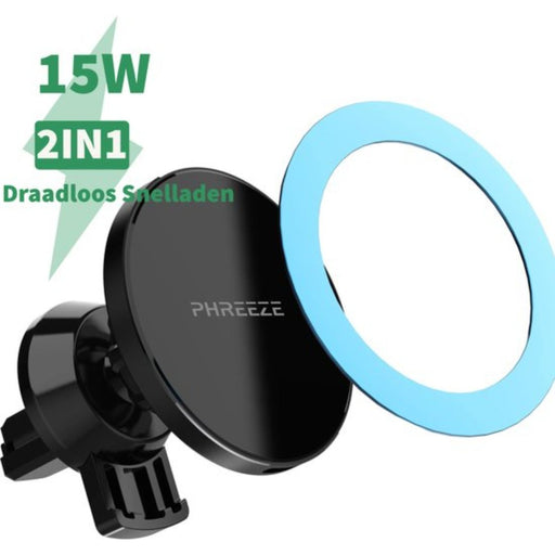 Draadloze Oplader Auto met 15W Snellaadfunctie en Magneet - Magnetische Telefoonhouder met Quick Charge - Geschikt voor Samsung Galaxy S7, S8, S9, S10, S20, S21, S22 (Ook Plus en Ultra versies) - Autohouders - Phreeze