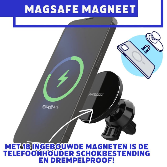 Draadloze Oplader Auto met 15W Snellaadfunctie en Magneet - Magnetische Telefoonhouder met Quick Charge - Geschikt voor Samsung Galaxy S7, S8, S9, S10, S20, S21, S22 (Ook Plus en Ultra versies) - Autohouders - Phreeze