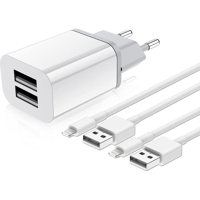 Dubbele USB Adapter met 2x iPhone Oplaadkabel -1 Meter - 2.1A Snellader - Geschikt voor iPhone en iPad - Opladers - Phreeze