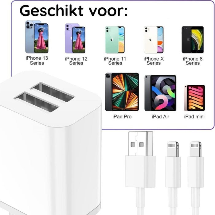 Dubbele USB Adapter met 2x iPhone Oplaadkabel -1 Meter - 2.1A Snellader - Geschikt voor iPhone en iPad - Opladers - Phreeze