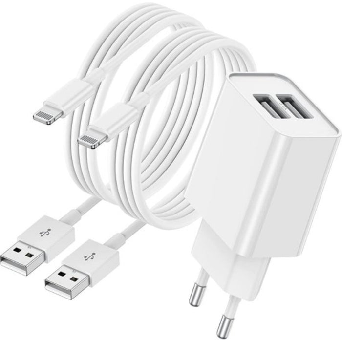 Dubbele USB Adapter met 2x iPhone Oplaadkabel - 2 Meter - 2.1A Snellader - Geschikt voor iPhone en iPad - Opladers - Phreeze