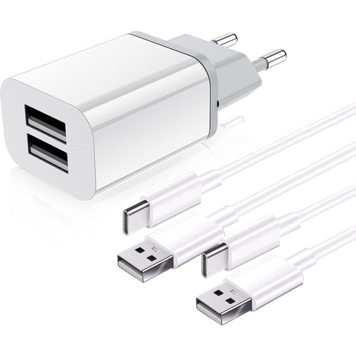 Dubbele USB Adapter met 2x Samsung Oplaadkabel - 2 Meter - 2.1A Snellader - Oplader Samsung - Samsung Kabel - USB C Kabel - Geschikt voor Samsung Galaxy S-, Fold-, A- en Tab Series - Opladers - Phreeze