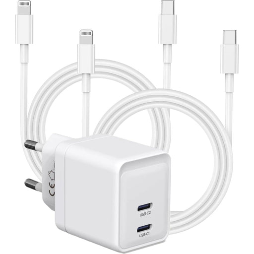 Dubbele USB-C Oplaadstekker met 2x iPhone Opladerkabel - 1 Meter - GaN Technologie - 35W Adapter USB C - Maximum Charge - Geschikt voor Apple iPhone, iPad, MacBook, Watch, Airpods - Opladers - Phreeze