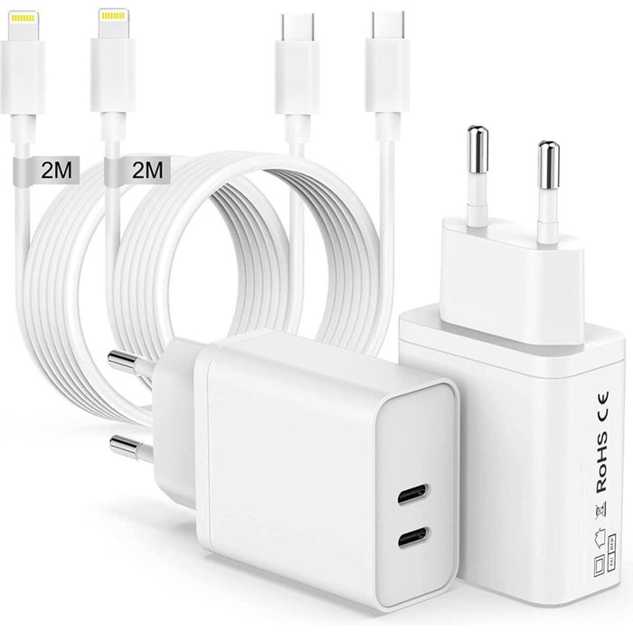 Dubbele USB-C Oplaadstekker met 2x iPhone Opladerkabel - 2 Meter - GaN Technologie - 35W Adapter USB C - Maximum Charge - Geschikt voor Apple iPhone, iPad, MacBook, Watch, Airpods - Opladers - Phreeze