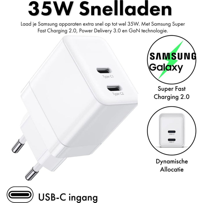 Dubbele USB-C Oplaadstekker met 2x Samsung Oplader Kabel - 1 Meter - GaN Technologie - 35W Adapter USB C - Maximum Charge - Geschikt voor Samsung, HTC, Nokia, OnePlus, Sony, Google Pixel, ChromeBook - Opladers - Phreeze