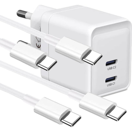 Dubbele USB-C Oplaadstekker met 2x Samsung Oplader Kabel - 2 Meter - GaN Technologie - 35W Adapter USB C - Maximum Charge - Geschikt voor Samsung, HTC, Nokia, OnePlus, Sony, Google Pixel, ChromeBook - Opladers - Phreeze