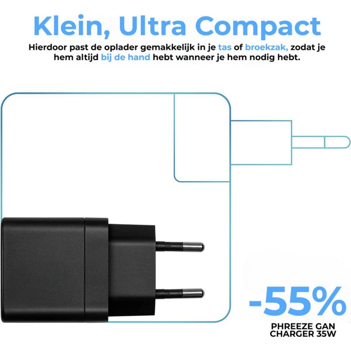Dubbele USB-C Snellader 35W met Lightning Kabel - 1M - Snellader geschikt voor iPhone 14 / 13 / 12 / 11 / X series - Phreeze