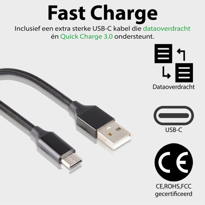 Dubbele USB Oplader 12W + USB-C Kabel - 2 Meter - Nylon - Extra Sterk - Snellader - Geschikt voor Samsung S21/S20/S10/A51/A53/S22/A13/A50/S9/A52 - Opladers - Phreeze