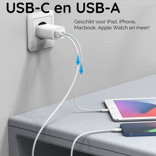 Duo Snellader iPhone + 2x Oplaadkabel 1 Meter - USB C en USB A - Voor iPhone, iPad, Airpods en Apple Watch - Opladers - Phreeze