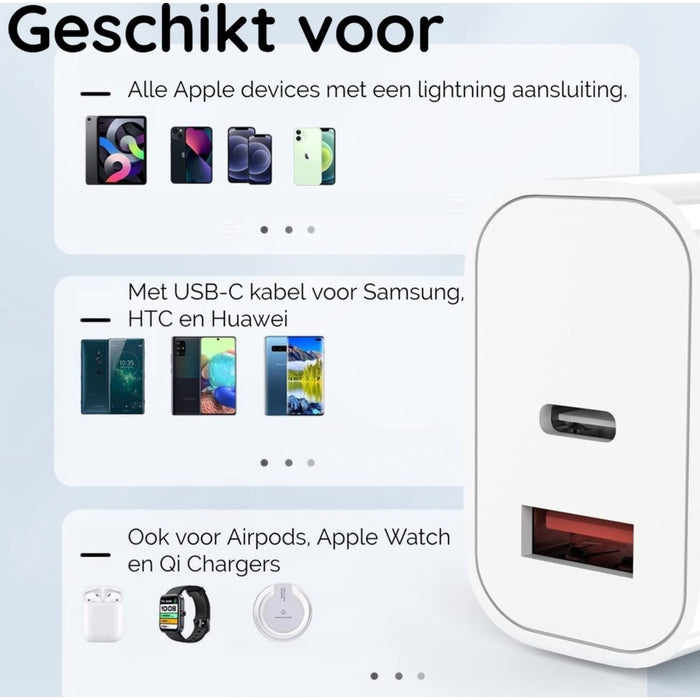 Duo Snellader iPhone + 2x Oplaadkabel 1 Meter - USB C en USB A - Voor iPhone, iPad, Airpods en Apple Watch - Opladers - Phreeze