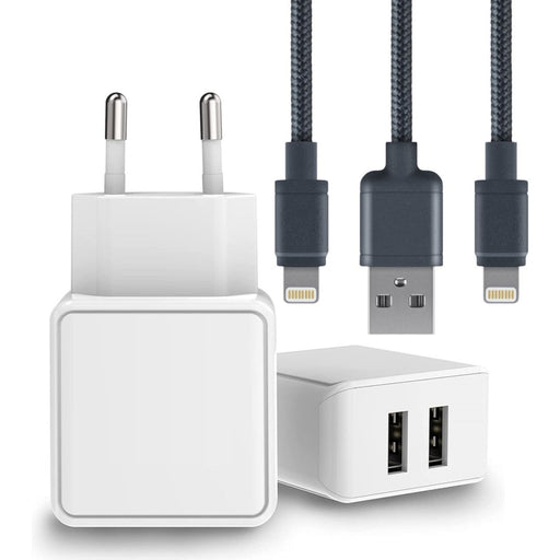 Duo USB Adapter + 2x Nylon iPhone Oplader Kabel - 2M - Dubbele USB Output - 12W Snellader - Extra Stevig - Opladers - Phreeze