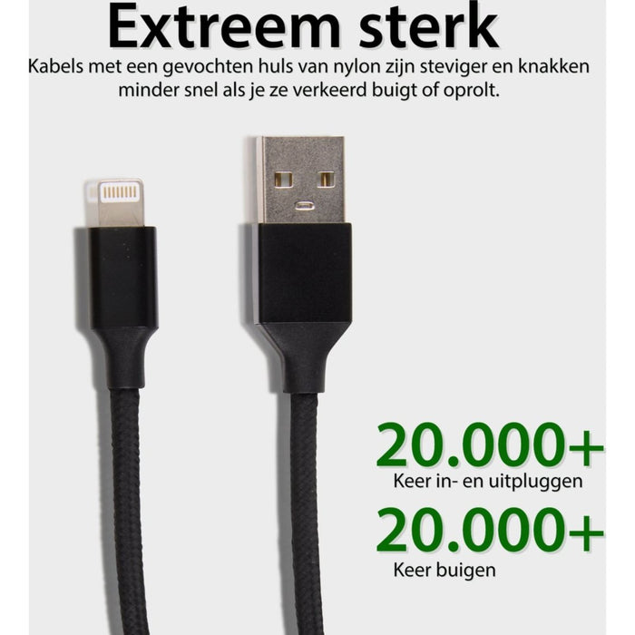 Duo USB Adapter + 2x Nylon iPhone Oplader Kabel - 2M - Dubbele USB Output - 12W Snellader - Extra Stevig - Opladers - Phreeze