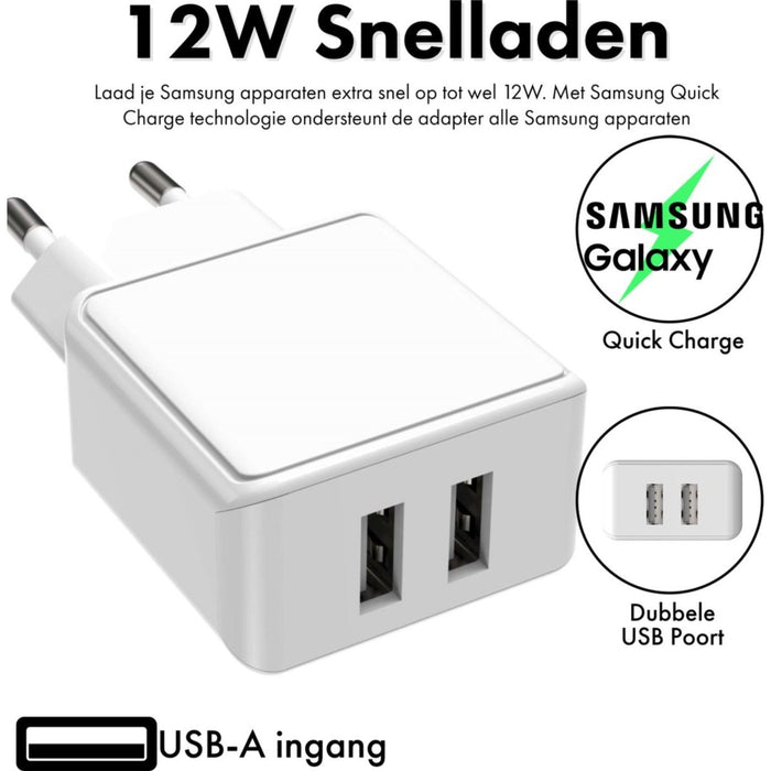 Duo USB Adapter + 2x Nylon Samsung Oplader Kabel - 2M - Dubbele USB Output - 12W Snellader - Extra Stevig - Opladers - Phreeze