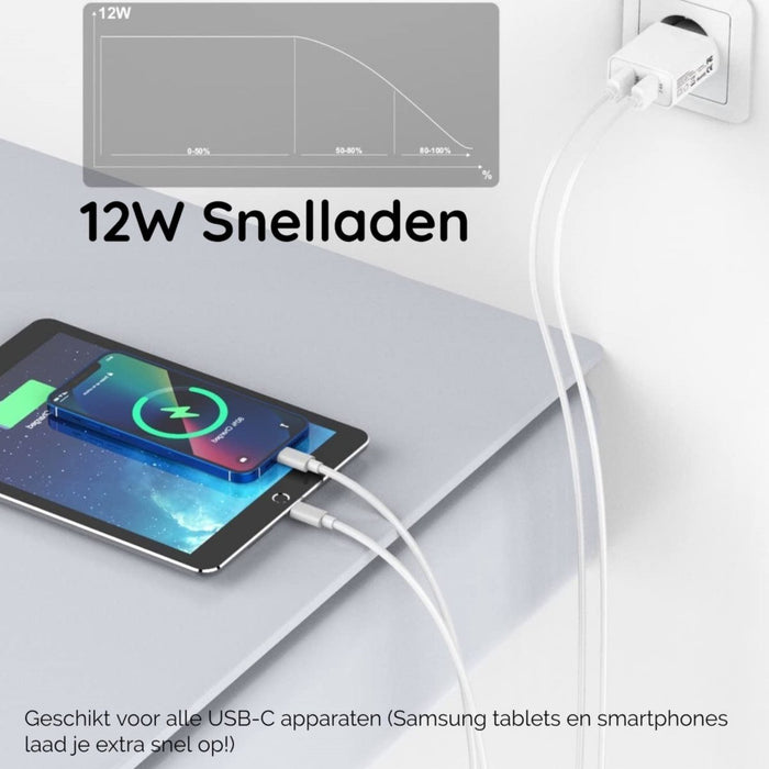 Duo USB Oplader met 2x Samsung Oplader Type C Kabel - 1 Meter - 2.1A Snellader - Samsung Adapter - USB C Kabel - Geschikt voor Samsung Galaxy S-, Fold-, A- en Tab Series - Opladers - Phreeze