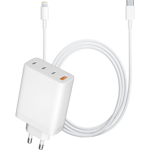 GaN Snellader + Apple Lightning Kabel 2 Meter - 65W - 3x USB-C Poorten en 1x USB-A Poort - Geschikt voor Apple MacBook Air, MacBook Pro, iPad 2022, iPad Air, iPhone 14 en ouder - Opladers - Phreeze