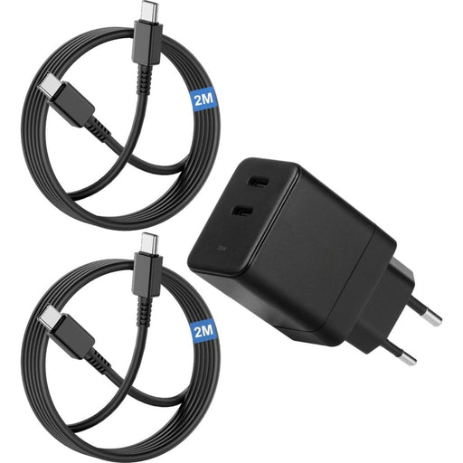 GaN Snellader met 2 USB-C Poorten + 2x USB-C naar USB C Opladerkabel 2 Meter - Geschikt voor Samsung Galaxy A54, S23, Tab A8, S8 en veel meer - Opladers - Phreeze