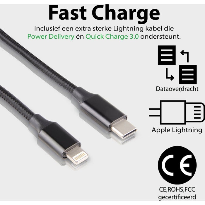 GaN Snellader met dubbele USB C Poort + Stevige Lightning Kabel 1 Meter - 35W Oplader - Geschikt voor Apple - Adapter met Fast Charge - Opladers - Phreeze