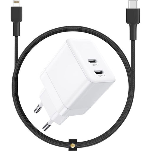 GaN Snellader met dubbele USB C Poort + Stevige Lightning Kabel 1 Meter - 35W Oplader - Geschikt voor Apple - Adapter met Fast Charge - Opladers - Phreeze