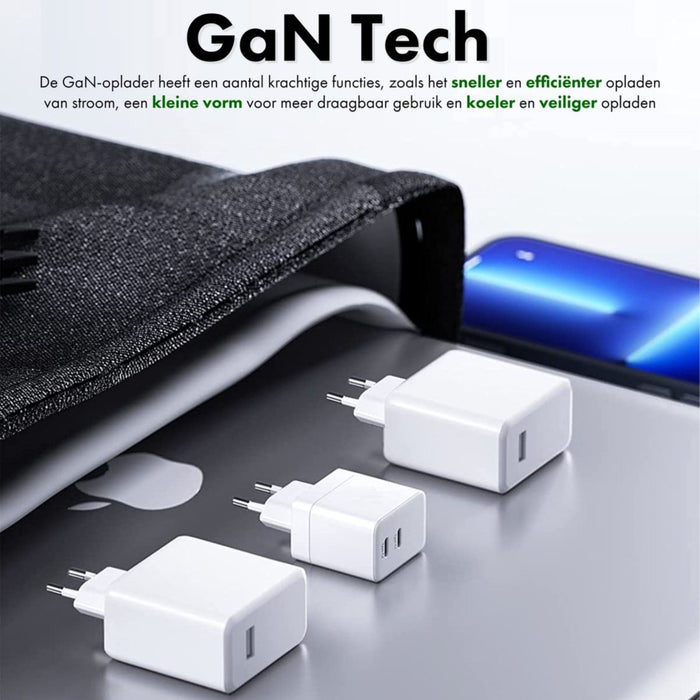 GaN Snellader met dubbele USB C Poort + Stevige Lightning Kabel 1 Meter - 35W Oplader - Geschikt voor Apple - Adapter met Fast Charge - Opladers - Phreeze