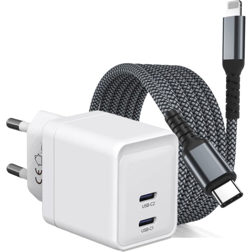 GaN Snellader met dubbele USB C Poort + Stevige Lightning Kabel 2 Meter - 35W Oplader - Geschikt voor Apple - Adapter met Fast Charge - Opladers - Phreeze