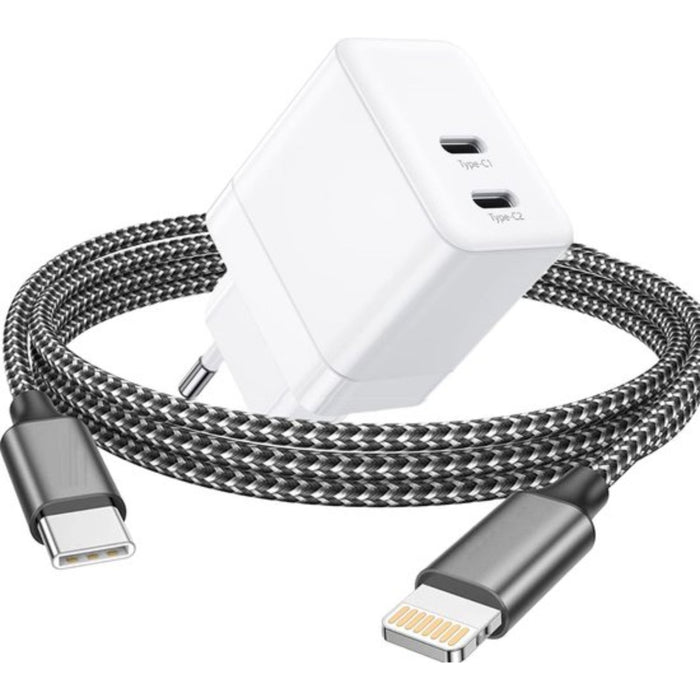 GaN Snellader met dubbele USB C Poort + Stevige Lightning Kabel 3 Meter - 35W Oplader - Geschikt voor Apple - Adapter met Fast Charge - Opladers - Phreeze