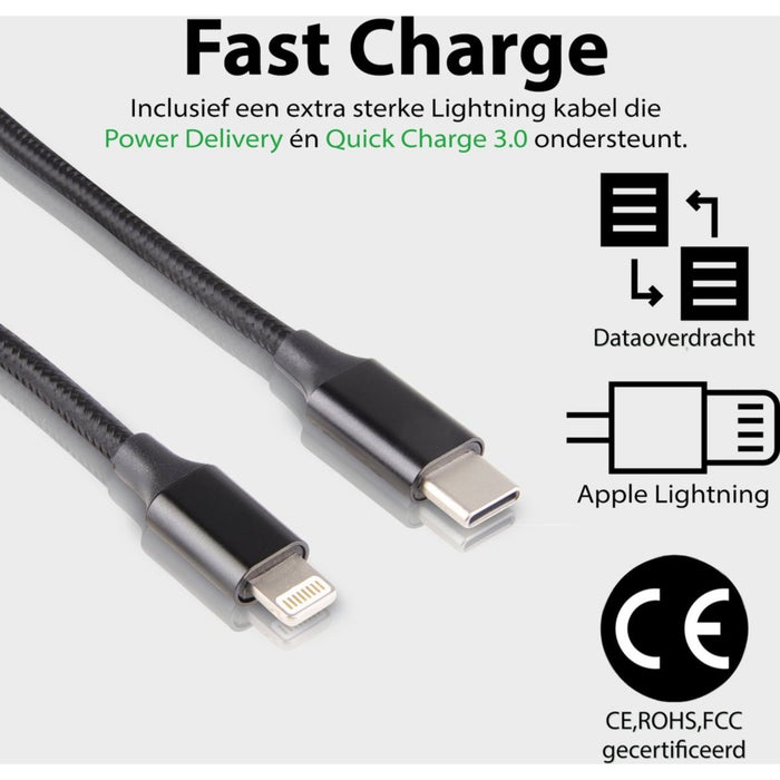 GaN Snellader met dubbele USB C Poort + Stevige Lightning Kabel 3 Meter - 35W Oplader - Geschikt voor Apple - Adapter met Fast Charge - Opladers - Phreeze