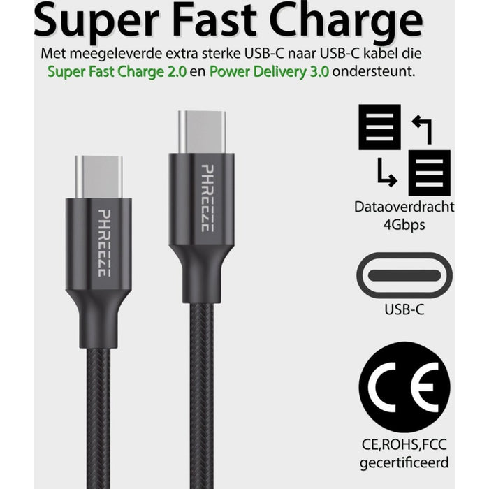 GaN Snellader met dubbele USB C Poort + Stevige USB-C Kabel 1 Meter - 35W Oplader - Geschikt voor Samsung - Adapter met Super Fast Charge 2.0 - Opladers - Phreeze