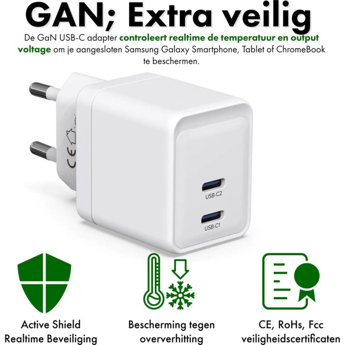 GaN Snellader met dubbele USB C Poort + Stevige USB-C Kabel 1 Meter - 35W Oplader - Geschikt voor Samsung - Adapter met Super Fast Charge 2.0 - Opladers - Phreeze