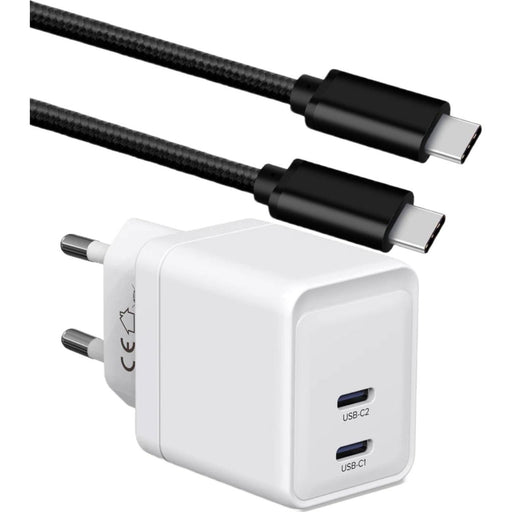 GaN Snellader met dubbele USB C Poort + Stevige USB-C Kabel 2 Meter - 35W Oplader - Geschikt voor Samsung - Adapter met Super Fast Charge 2.0 - Opladers - Phreeze