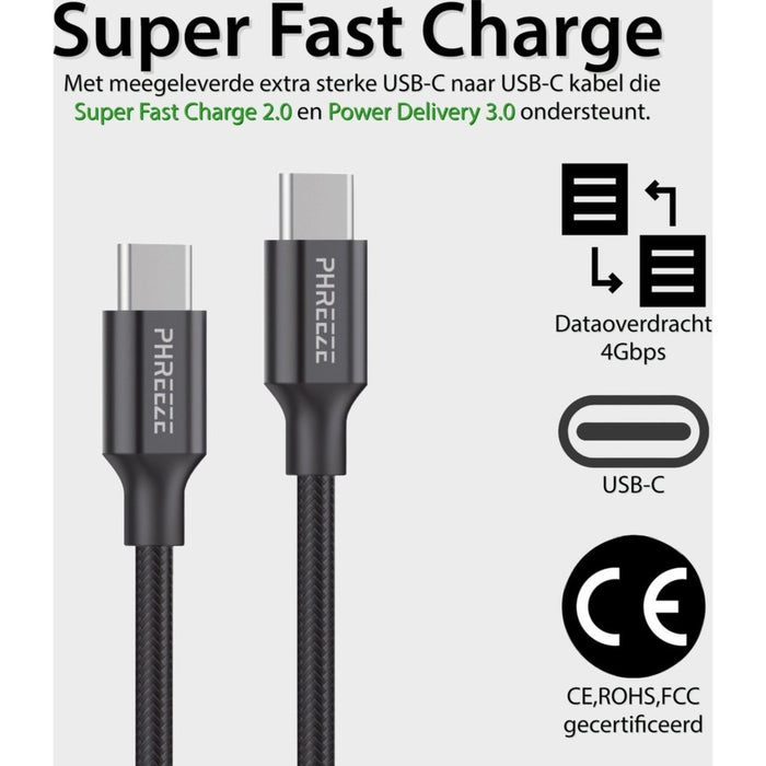 GaN Snellader met dubbele USB C Poort + Stevige USB-C Kabel 2 Meter - 35W Oplader - Geschikt voor Samsung - Adapter met Super Fast Charge 2.0 - Opladers - Phreeze
