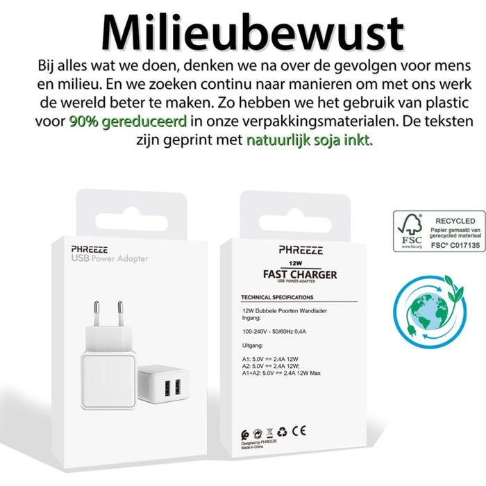 Gecertificeerde Dubbele USB Adapter + 2x iPhone Oplader Kabel - 1 Meter -12W Snellader - Geschikt voor Apple iPhone, iPad, Airpods, Watch - Opladers - Phreeze