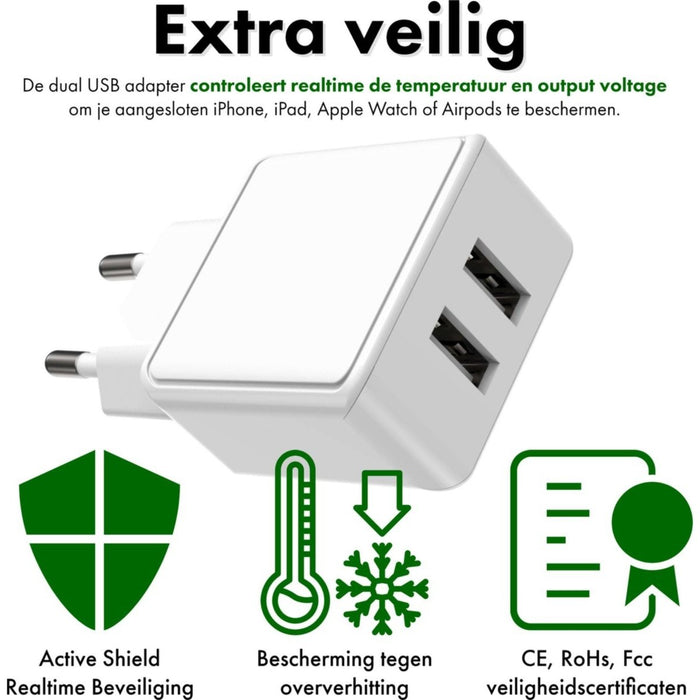 Gecertificeerde Dubbele USB Adapter + 2x iPhone Oplader Kabel - 1 Meter -12W Snellader - Geschikt voor Apple iPhone, iPad, Airpods, Watch - Opladers - Phreeze