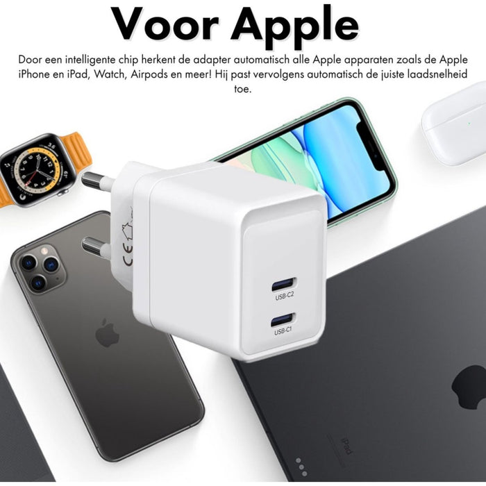 Gecertificeerde Snellader met 2 USB-C Poorten + 2x USB C naar Lightning Snellaadkabels 2 Meter - 35W GaN - Geschikt voor Apple Fast Charging, iPhone 14/13/12/11, iPad 2022/2021/2020/2019, iPad Air en Pro - Opladers - Phreeze