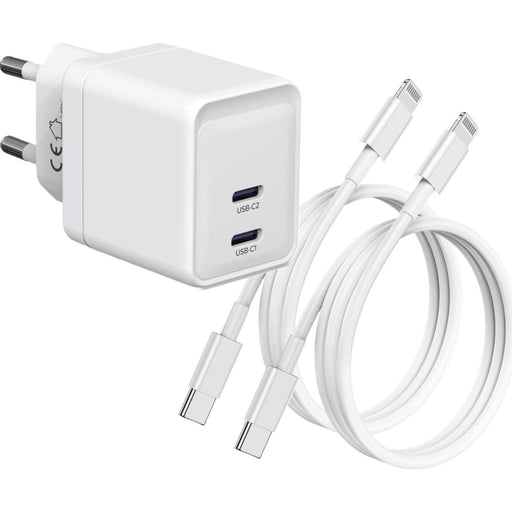 Gecertificeerde Snellader met 2 USB-C Poorten + 2x USB C naar Lightning Snellaadkabels 2 Meter - 35W GaN - Geschikt voor Apple Fast Charging, iPhone 14/13/12/11, iPad 2022/2021/2020/2019, iPad Air en Pro - Opladers - Phreeze