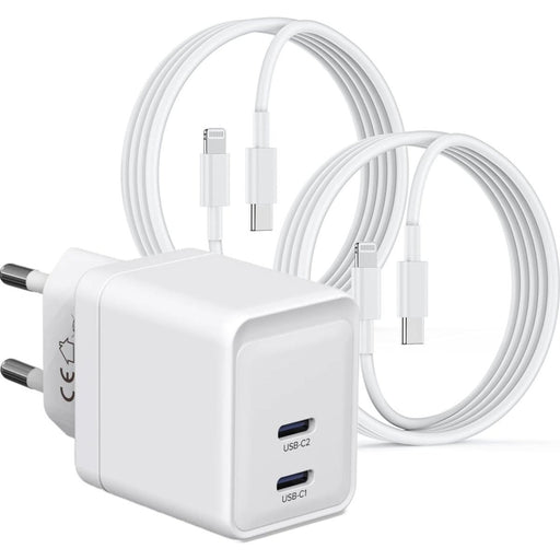 Gecertificeerde Snellader met 2 USB-C Poorten + 2x USB C naar Lightning Snellaadkabels - 35W GaN - Geschikt voor Apple Fast Charging, iPhone 14/13/12/11, iPad 2022/2021/2020/2019, iPad Air en Pro - Opladers - Phreeze