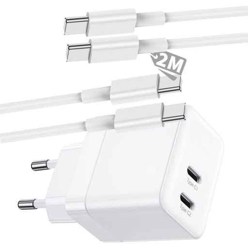 Gecertificeerde Snellader met 2 USB-C Poorten + 2x USB C naar USB-C Snellaadkabels - 2 Meter - 35W GaN - Geschikt voor Super Fast Charging, Samung Galaxy A13,A53,A73,S23,S22,S21,S20, FE Ultra Plus, Tab A8, A7, S7, S8 - Opladers - Phreeze