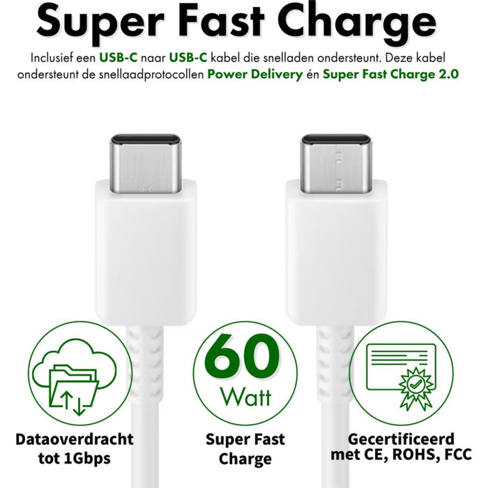 Gecertificeerde Snellader met 2 USB-C Poorten + 2x USB C naar USB-C Snellaadkabels - 2 Meter - 35W GaN - Geschikt voor Super Fast Charging, Samung Galaxy A13,A53,A73,S23,S22,S21,S20, FE Ultra Plus, Tab A8, A7, S7, S8 - Opladers - Phreeze