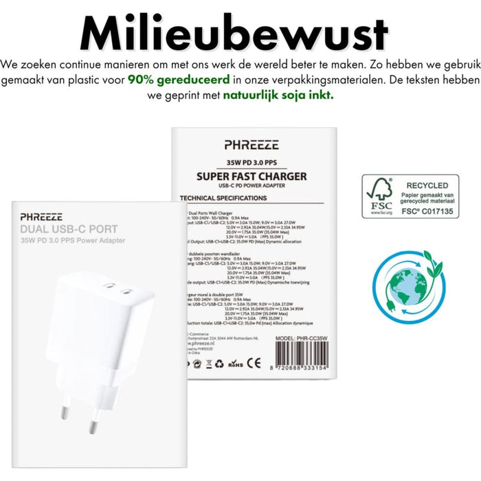 Gecertificeerde Snellader met 2 USB-C Poorten + iPhone Opladerkabel - 1 Meter - GaN Technologie - 35W Power Delivery - Geschikt voor Apple Oplaadstekker - 20W, 25W, 30W, 35W Dynamische Allocatie - Voor iPhone, iPad, Macbook, Apple Watch, Airpods Pro - Opladers - Phreeze