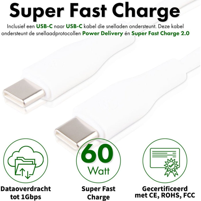 Gecertificeerde Snellader met 2 USB-C Poorten + Samsung Opladerkabel - 2 Meter - GaN Technologie - Geschikt voor Samsung Oplaadstekker - 20W, 25W, 30W, 35W Dynamische Allocatie - Voor Macbook, Tablet, Google, HTC, Sony, Pixel, Samsung Galaxy, Android - Opladers - Phreeze