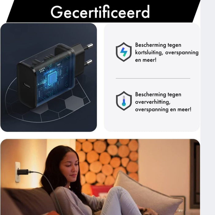 Gecertificeerde Snellader voor iPhone 14, 13 en iPad 10.2 inch - USB-C Adapter - Oplaadstekker voor iPhone - Oplader 20W - USB-C Snellader - Geschikt voor Apple - Opladers - Phreeze