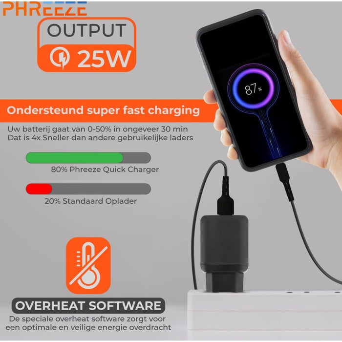 Gecertificeerde USB C Stekker Universeel - 25W Power Delivery Oplader - Super Fast Charge - Snellader iPhone - USB-C Adapter - USB-C Oplaadstekker - USB-C Oplaadblokje - USB-C Oplader - Adapter USB-C - Samsung Oplader - Apple Adapter - Opladers - Phreeze