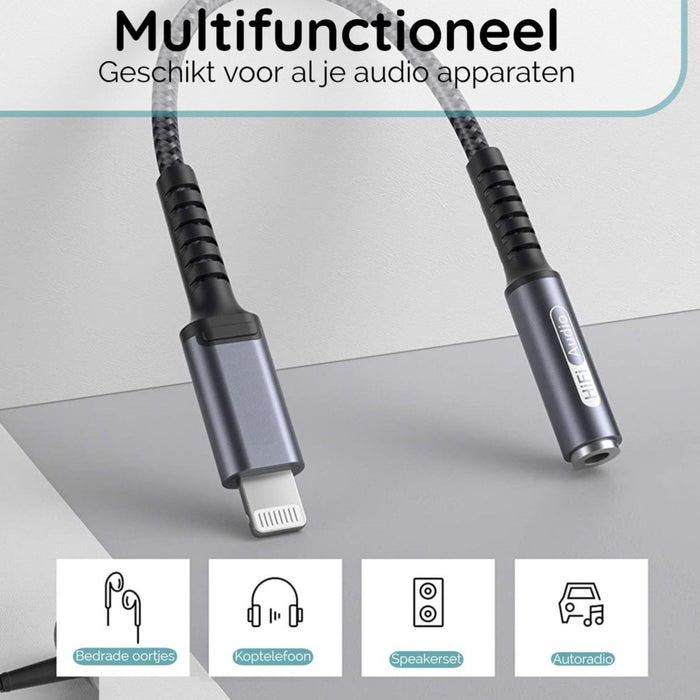 Gevlochten Lightning naar Jack 3,5mm Kabel - Voor Apple iPhone X/11/12/13/14 en Apple iPad Air 2/3, 10.2, 2022 - Audio & Video - Phreeze