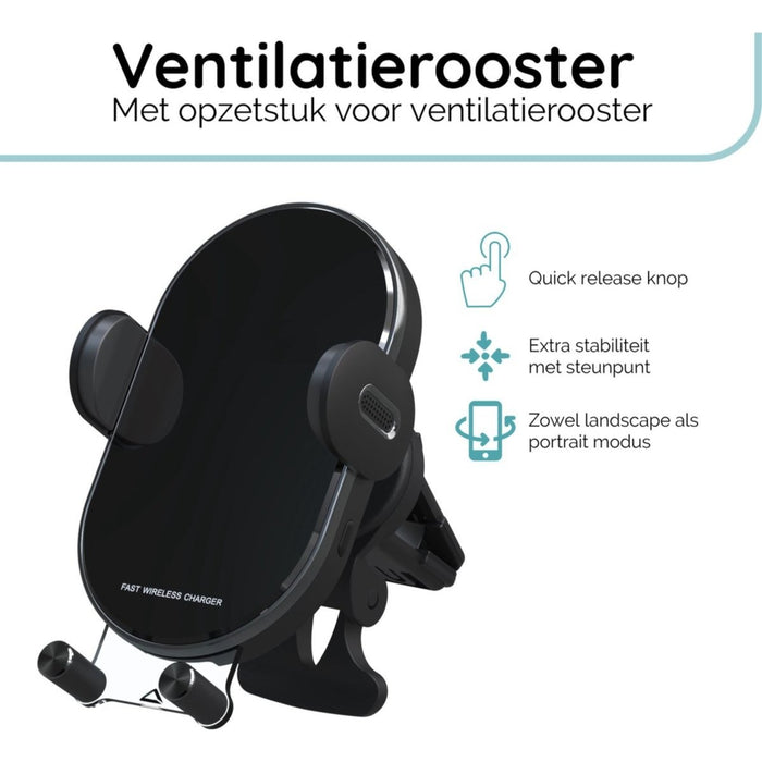 GSM Houder Auto Draadloos Opladen - Quick Charge 3.0 - Automatisch - Ventilatie Rooster + Zuignap Dashboard - Autohouder voor o.a Samsung S22 Ultra, iPhone 14 Pro Max, Z Fold 4, Z Flip 4, iPhone 14 Plus, OPPO, Xiaomi, HTC, Huawei, Nokia, Motorola - Autohouders - Phreeze