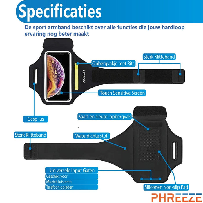 Hardloop Telefoonhouder met Opbergvak Ritssluiting - Sport Armband - Hardloop Band - Voor Samsung en iPhone - Zwart - Sport Armbanden - Phreeze