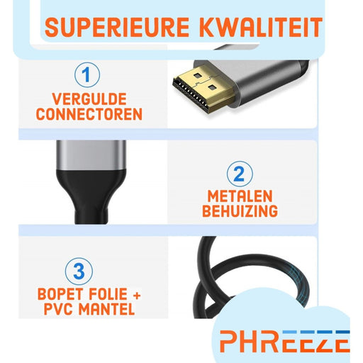 HDMI Kabel 8K - 1.8 Meter - HDMI Kabel 2.1 - Ultra HD 8K + 4K 120hz - HDMI naar HDMI Kabel - 8K HDMI Kabel - Ondersteunt alle oudere HDMI versies zoals 4K - Geschikt voor PS5, XBOX - Accessoires - 3D, Dynamic HDR, ARC, eARC, VRR, QMS, QFT, ALLM - Audio & Video - Phreeze